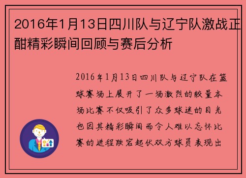 2016年1月13日四川队与辽宁队激战正酣精彩瞬间回顾与赛后分析