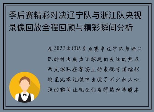 季后赛精彩对决辽宁队与浙江队央视录像回放全程回顾与精彩瞬间分析