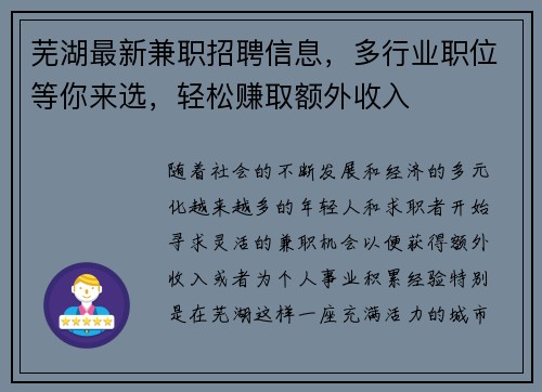 芜湖最新兼职招聘信息，多行业职位等你来选，轻松赚取额外收入