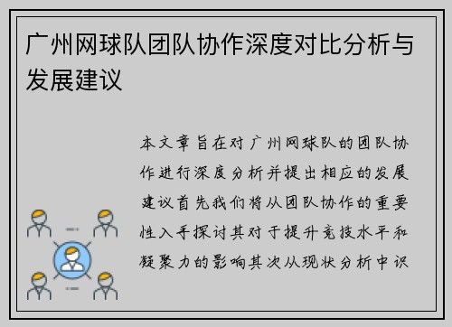 广州网球队团队协作深度对比分析与发展建议