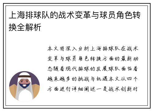 上海排球队的战术变革与球员角色转换全解析