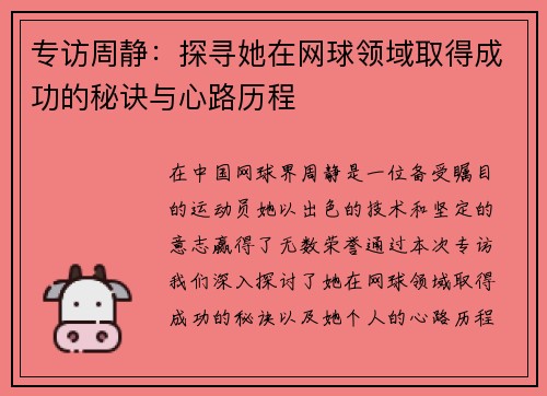 专访周静：探寻她在网球领域取得成功的秘诀与心路历程