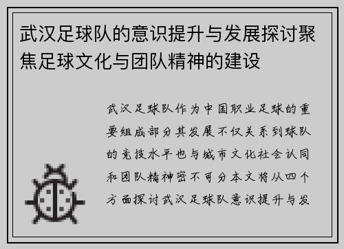 武汉足球队的意识提升与发展探讨聚焦足球文化与团队精神的建设